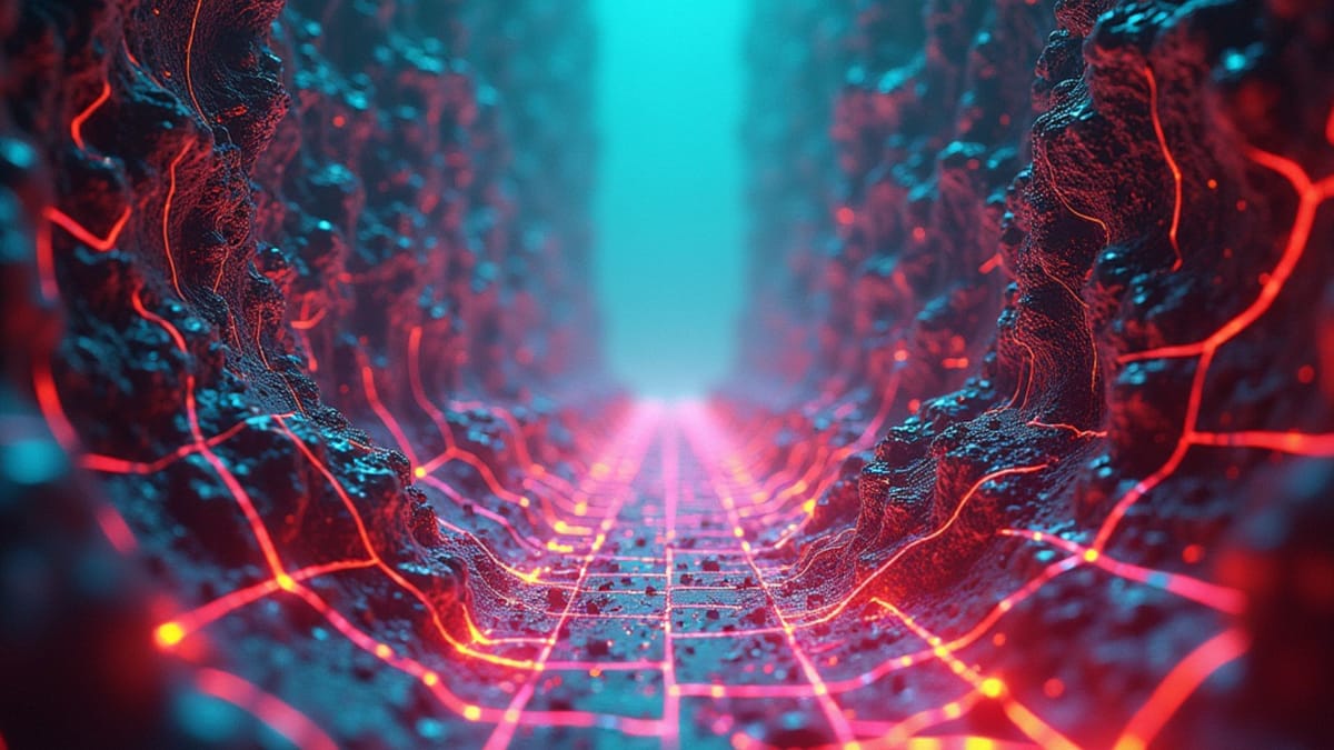 Prismatic visualization of AI's Canyon Effect: data streams and fractal gaps illustrate uneven progress in artificial intelligence development