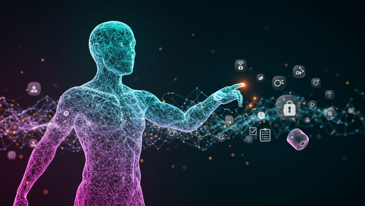 Holographic AI agent transforming data streams into task execution icons, representing Perplexity's evolution beyond search to automated task completion