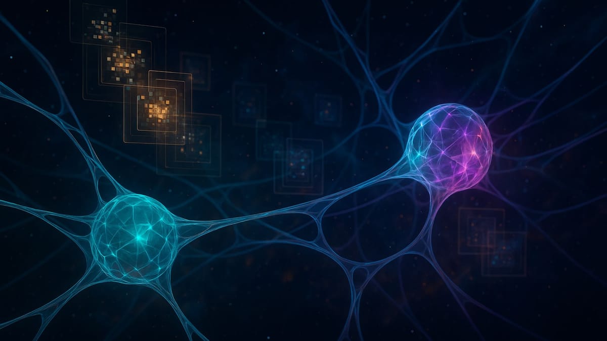 Neural network with prismatic light effects showing AI emotional intelligence evolution; Microsoft's shift from technical to personality engineering in competitive landscape